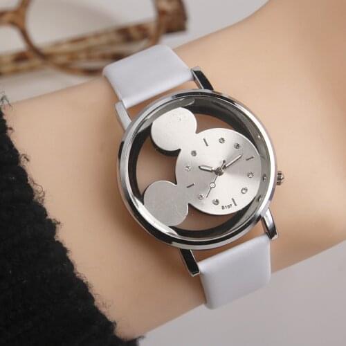 Relogio Feminino Luxury Fashion Cartoon Mickey Quartz Watches Women Transparent Hollow Dial Leather Women Watch Gift 2022 Reloj