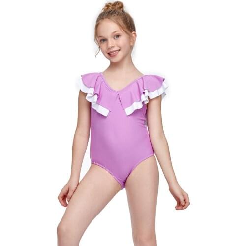 Children One-Piece Simple and Cute Swimsuit Summer Swimming Girl Round Neck Sleeveless Ruffle Swimsuit Red/Purple/Orange