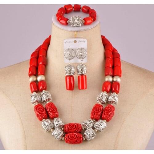 Elegant red african coral beads jewelry set costume necklace nigerian wedding coral set C21-27-06