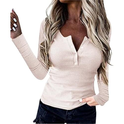 T Shirt Women 2021 Summer Clothes Long Sleeve V-neck Tunic Front Button Shirt Casual Tee Shirt Femme Camisetas De Mujer
