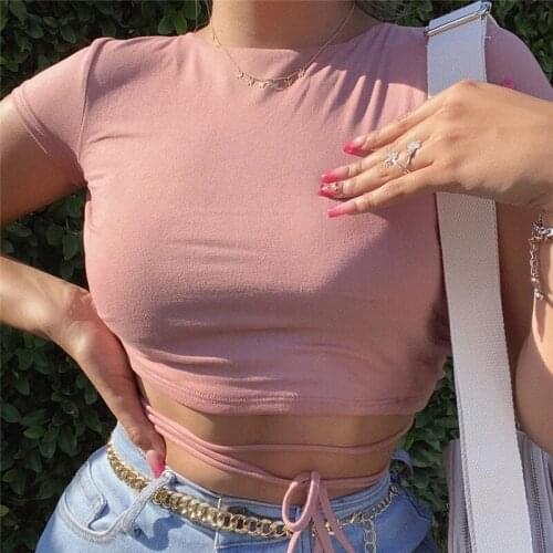 Musuos Womens T-shirts Solid Simple style Slim Bandage Pullovers Ladies Summer Short sleeve Open Back Streetwear Tee tops 2021