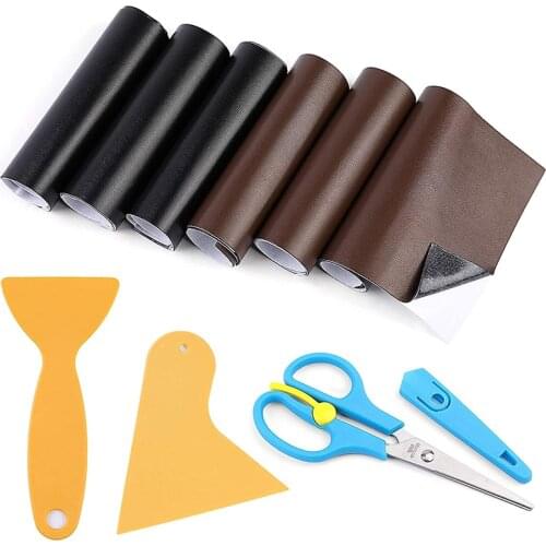 KAOBUY 6 Pcs Leather Repair Patch Self Adhesive Soft Synthetic Pu Fabric Material Faux Leather with Scraper Synthetic Leather