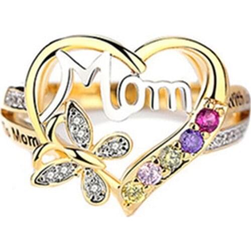 New Fashion Gold Color Heart Love MOM Rings Colorful CZ Stone Ring For Women Jewelry Birthday Mothers Day Gift