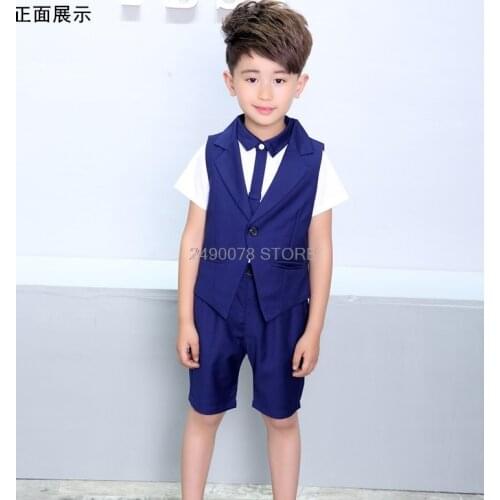 Flower Boys Suit For Wedding Gentleman Kids Formal Vest Shirt Shorts Tie 4Pcs Children Performance Party Dress Costume
