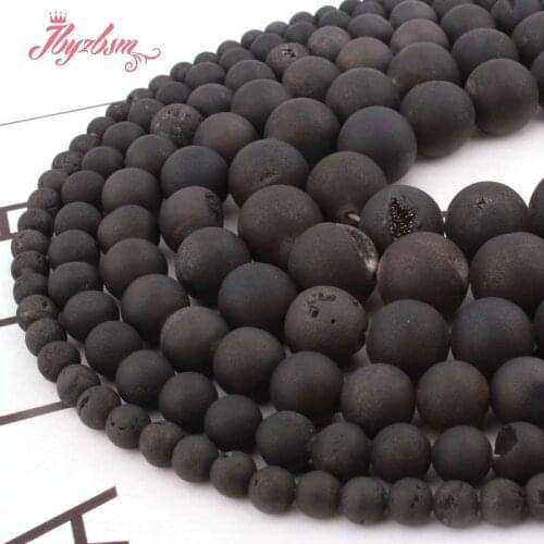 Natural Metallic Coated Druzy Agates Round Black Loose Spacer Beads 6/8/10/12MM Stone Beads For DIY Necklace Jewelry Making 15"