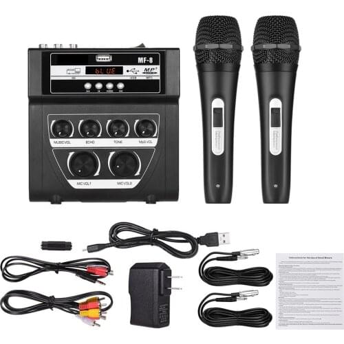 MF-8 Mini Sound Audio Mixer Stereo Echo Mixers Dual Input Support BT Recording MP3 Function with 2 Set Wired Handheld Microphone
