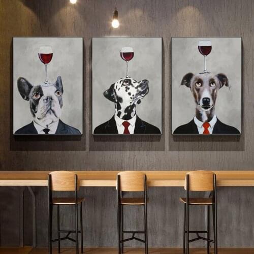 Fashion Animal Canvas Painting Cool Dog with Wine Posters and Prints Abstract Wall Art Pictures for Living Room Home Decoration