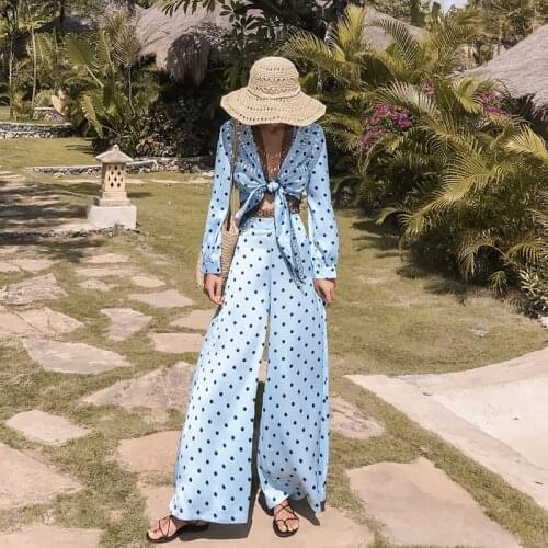 Trendy Womens Beach Style Clothing Set Lace Decorated Polka Dots Cardigan Top and Wide Leg Pants One Set