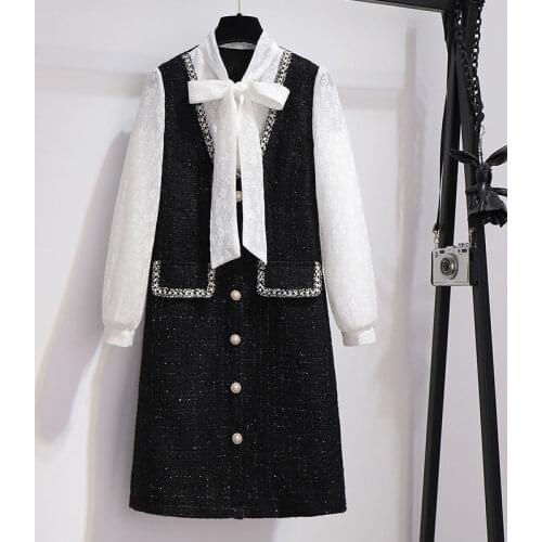 2021 New Autumn Winter Bow Collar Tweed Dress Plus Size Women Single Breasted Woolen Tassel Patchwork Chiffon Dresses Vestidos