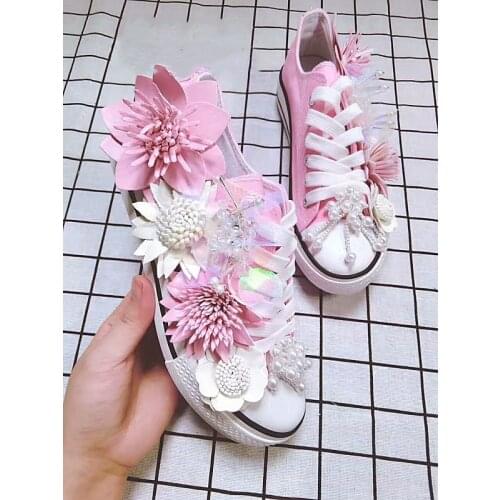 New fashion brand womens shoes three-dimensional flower rhinestone sequin canvas shoes sweet flat bottom round head low top