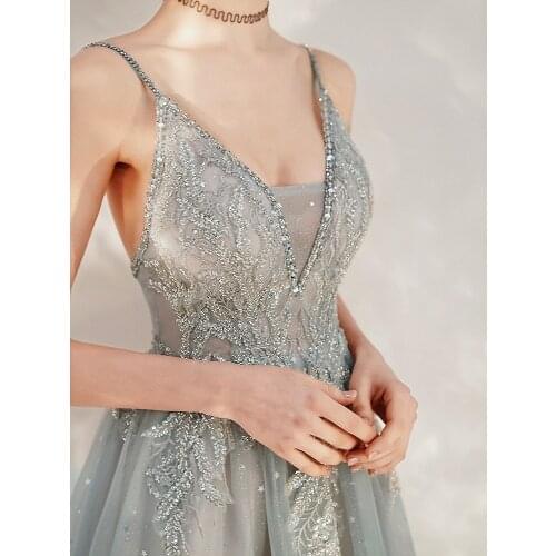 New Gray Cyan Prom Dresses Spaghetti Straps Beaded 2021 Long Elegant A Line V Neck Wedding Formal Party Guest Evening Gowns Sexy