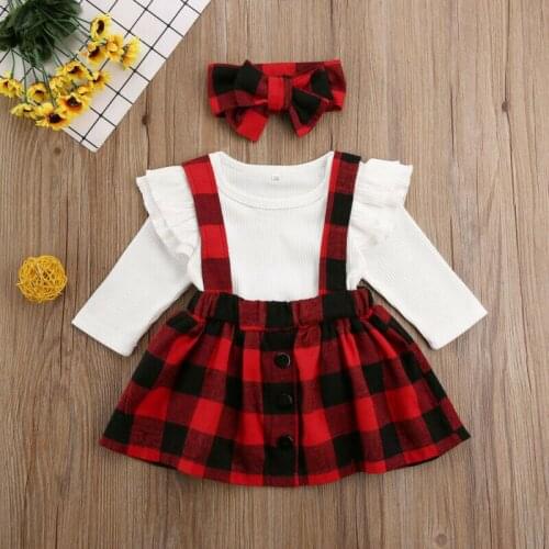 Infant Baby Girl Clothes Knitted Romper Ruffle Long Sleeve Tops Plaids Bib Skirt Headband 3PCS Xmas Party Outfit Suit