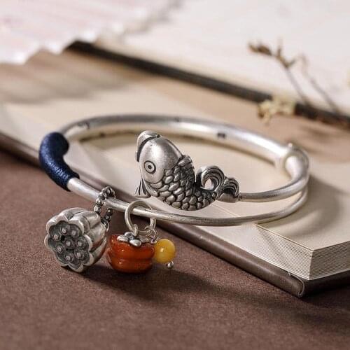 Original New Silver lotus flower carp South Red chalcedony Bracelet Chinese classical charm women adjustable brand jewelry