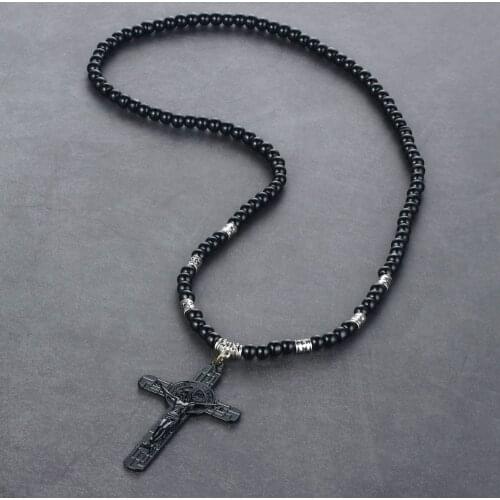 Retro Jesus Cross Necklace St Benedict Medal Pendant Jewelry for Men Womens Long Leather Rope Necklace Beads Chain Gift CN08