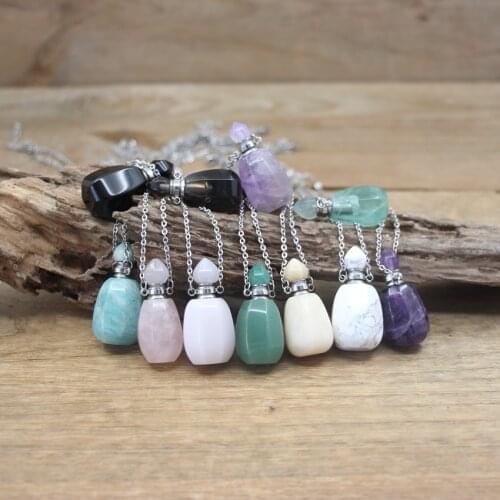 Natural Obsidian Essential Oil Vial Pendant Necklaces Turquoises Fluorite Amethysts Quartzs Perfume Bottle Charms Chains QC1093
