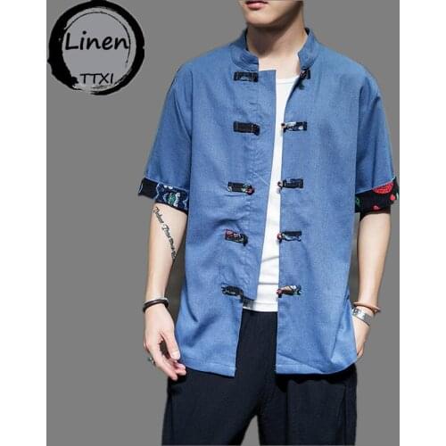 Mens Shirt Chinese Style Cotton Linen Short Sleeve Shirt National Mens Wear Retro stand collar Tang Suit Traditional Clothing