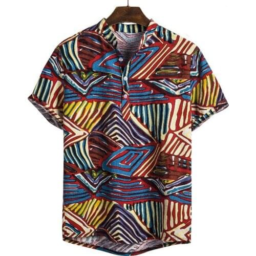 Summer Vintage Ethnic Style Shirts For Men Cardigan Short Sleeve Shirt Clothes Men Turtleneck Dress Shirt Blouse chemise homme