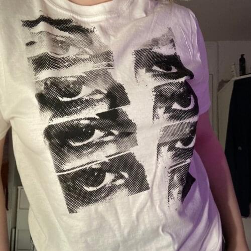 Eyes Print Crop Top Y2K Aesthetic T-Shirt Vintage Streetwear Short Sleeve Gothic Black Women 90s O-Neck Harajuku Slim Tee Tops
