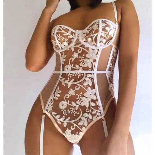 Sexy Womens Bodysuit Fashion Lace Lingerie Teddy Wear White Lace Mesh Adjustable Straps Transparent Sexy Lingerie Pajamas