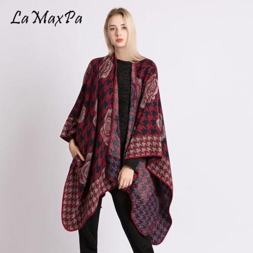 LaMaxPa Warm Winter Hooded Wrap Ponchos Blends Lush Capes Mantle Ponchos And Capes Aztec Outwear Casacos Femininos Tippet