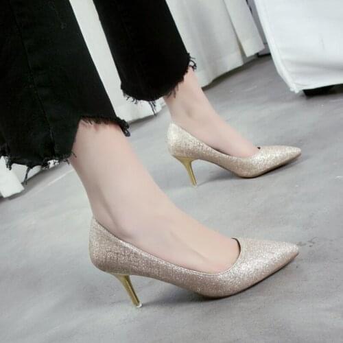 Woman Luxury Bling High Heels Women Pumps Golden Gold Heel Square Ladies Party Wedding Sequins Professional Womens Shoes U14-48