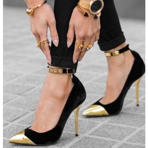 Moraima Snc Black and Gold Ankle Strap Heels Stilettos Pumps Metallic Heels Woman Pointed Toe Thin Heels Shoes Dress Heels
