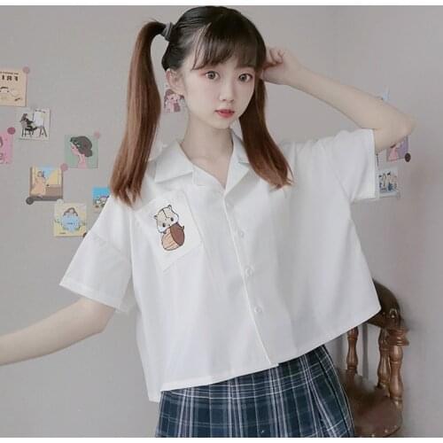 Top Womens 2020 Summer New Japanese Sweet College Style Cute Nut Hamster White Chiffon Short Shirt japanese school Shirt