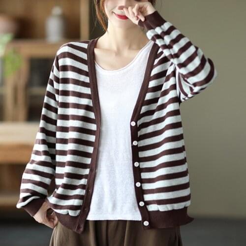 Johnature Women Striped Knitted Cardigan Cotton V-Neck Long Sleeve Loose Button Clothes 2021 Autumn New Comfortable Cardigan