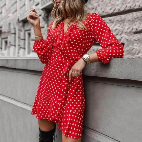 For Womens Autumn Dresses Fashion V Neck Printed Polka Dot Ruffled Casual Loose Lace Up Ladies Long Sleeve Midi Dresses 2021