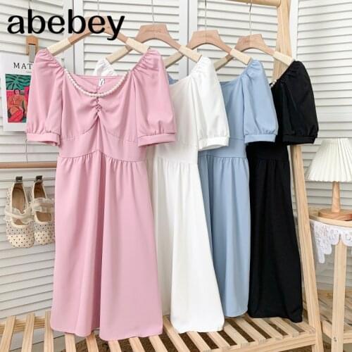 Temperament square collar puff sleeve Dress pearl chain decoration high waist pleated mid-length A-line Dress 2021 New Summer