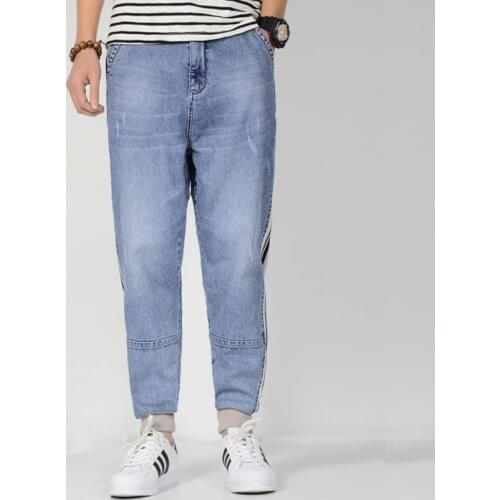 2019 New Summer Denim Jeans Jogger For Men zipper Light Blue Loose Baggy Plus Size Side stripe Harem Jeans Men Tapered Pants