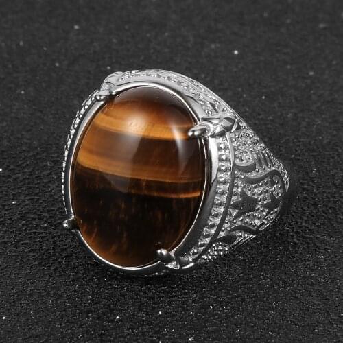 Boho Vintage Silver Plated Rings For Men Women Big Oval Natural Tiger Eye Stone Opal Crystal Finger Ring 2020 Bohemian Jewelry