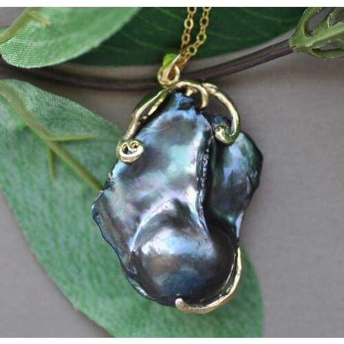 Z10095 Handmade Big 42mm Black Baroque Keshi Reborn Pearl Pendant