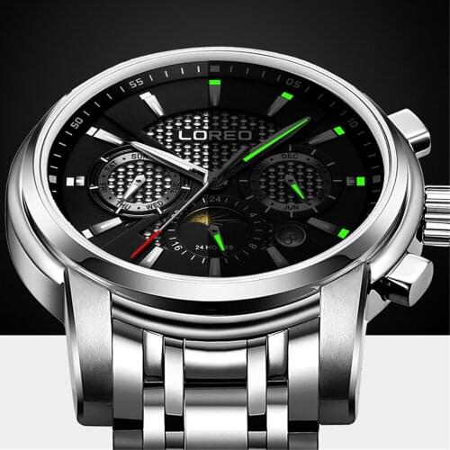 LOREO Multifunction Automatic Mechanical Mens Watches Top Brand Luxury Business Watch Stainless Steel Case Sport Watch relogio