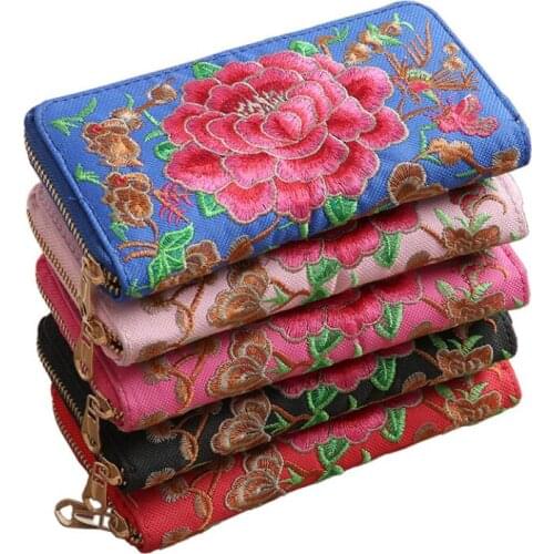 Ethnic wallet ladies single pull handbag embroidered roses card bag