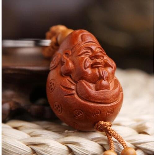 Chinese Peach Wood Carved Mammon The God Of Wealth Exquisite Car Key Chain Pendant