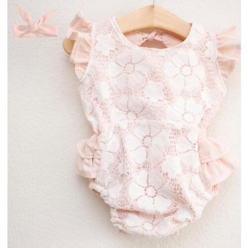 2021 0-24M Sweet Baby Girls Fly Sleeve Romper+Headband Fashion Solid Color Flower Lace Bandage backless Jumpsuits Princess 2pcs