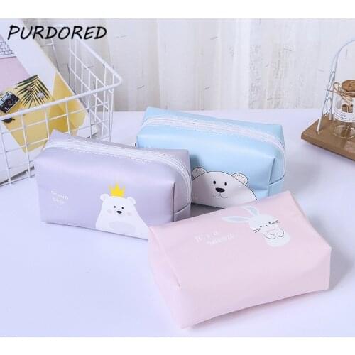 PURDORED 1 Pc Cartoon Cosmetic Bag for Women Waterproof Leather Makeup Bag Zipper Cute Girl Beauty Case Travel Toiletry Bags