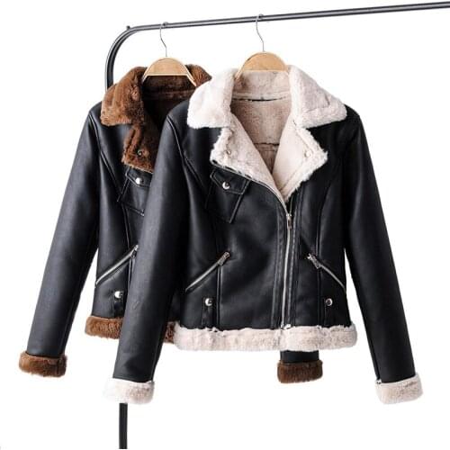 ZXQJ Vogue women faux lamb wool fur jacket Fad cool new lady pocket leather-clad female turn down collar moto girls chic sets