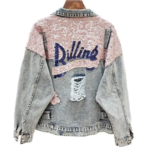 Korean Fashion Sequins Letter Holes Denim Jacket Coat Women Student Outerwear Streetwear Loose Casual Short Jeans Jackets Female