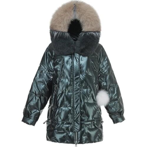 New Winter Warm Jacket Shiny Leather Down Jacket Women Long Bright Leather White Duck Down Jackets Fox Fur collar Parka Overcoat