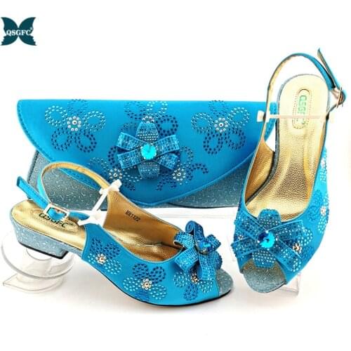 Italian Design Sky Blue Color 2021 New Arrival Summer Narrow Band Style African Ladies Shoes and Bag Set for Party