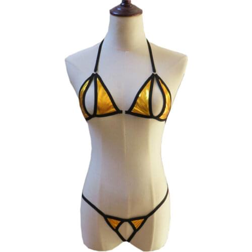 Micro bikini plus size swimwear women swimsuit women biquini bikinis Patent leather Hollow out Shuangpin metal ring String Lace