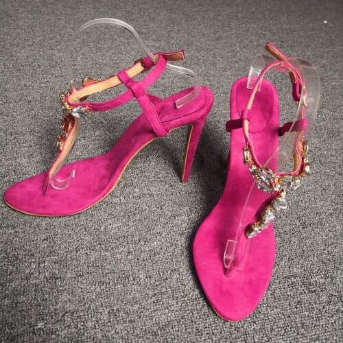 MKKHOU Fashion Sandals Women New Summer Shoes Suede Fuchsia Rhinestone Stiletto 12cm High Heels Open Shoes Boho Style Large Size
