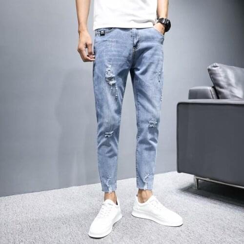 New 2020 Denim ripped jeans mens trendy stretch slim-fit Korean style trendy ankle length pants mens casual light-color pants