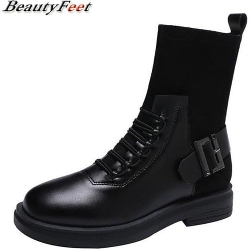Solid Leather Ankle Boots Women Shoes Woman Buckle Thick Bottom Heels Platform Shoes Warm Plush Autumn Winter Boots PLus Size