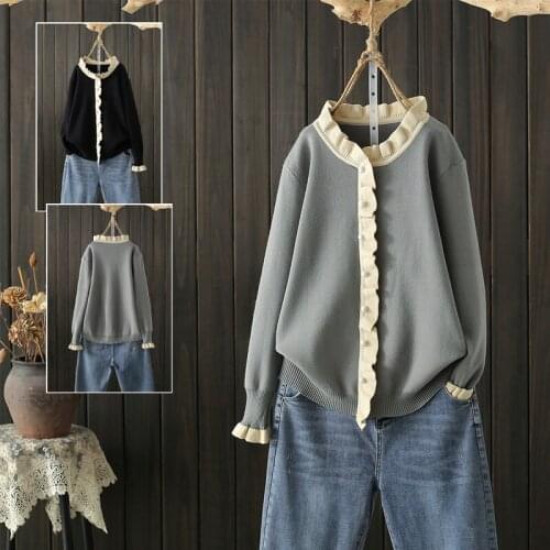 Oversized Loose Knitted Women Sweater Pullovers Ruffles Pacthwork Flare Sleeved Elegant Lady Pulls Outwear Tops