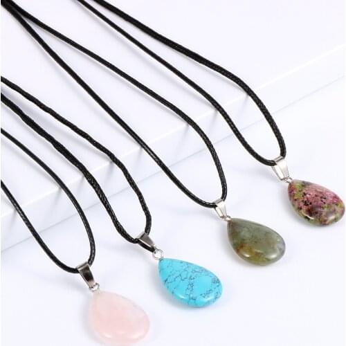 Unisex Men Women Water Drop Statement Pendant Necklace 2cm Natural Pink Crystal Tiger Eye Stone Neck Chain 18" Wax Line Necklace
