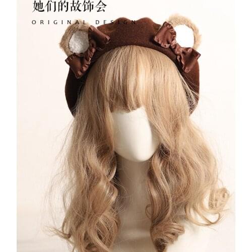 Japanese Winter Sweet Cute Cat & Bear Ears Bowknot Berets Lolita Mori Girl Handmade Painter Cap Warm Women Dome Hat Headwear