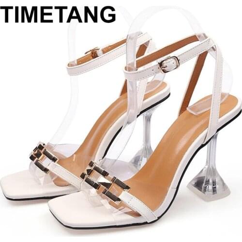TIMETANG Women Pumps High Heels Chain Metal Square Toe Ladies Shoes Plus Size Fashion Office Pu Ankle Strap Female Sandals Plus